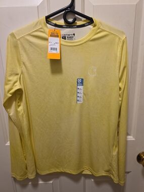NWT Carhartt Force Sun Defender Shirt Women Medium Yellow Acid Wash Long Sleeve